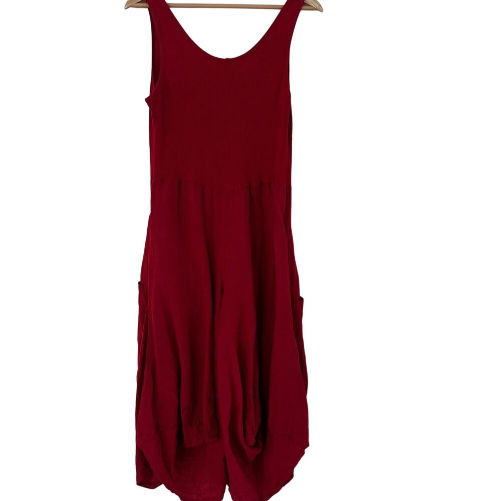 Inizio Magic Linen Dress XL Red Bubble Hem Lagenlook Sleeveless Italy Pockets - Picture 7 of 10